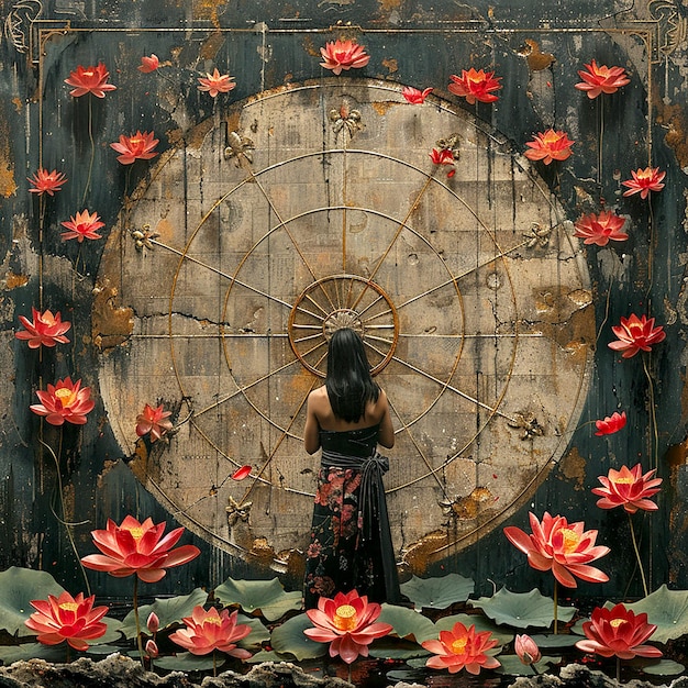 femme devant la roue du Dharma et des fleurs de lotus comme symbole du Vesak en l'honneur de Bouddha