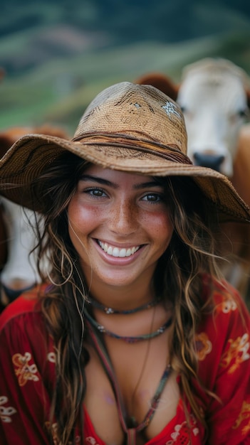 Photo une femme devant un troupeau de vaches