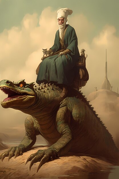 Une femme sur un dinosaure avec une robe verte sur la tête.