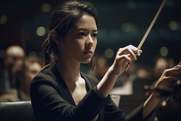 Une femme dirige un orchestre avec la baguette Ai générée