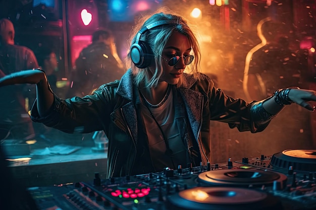 Une femme DJ jouant de la musique dans une boîte de nuit est une image dynamique et énergique qui capture l'atmosphère vibrante et animée de la vie nocturne AI générative