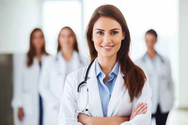 Une femme docteur attirante devant un groupe médical.