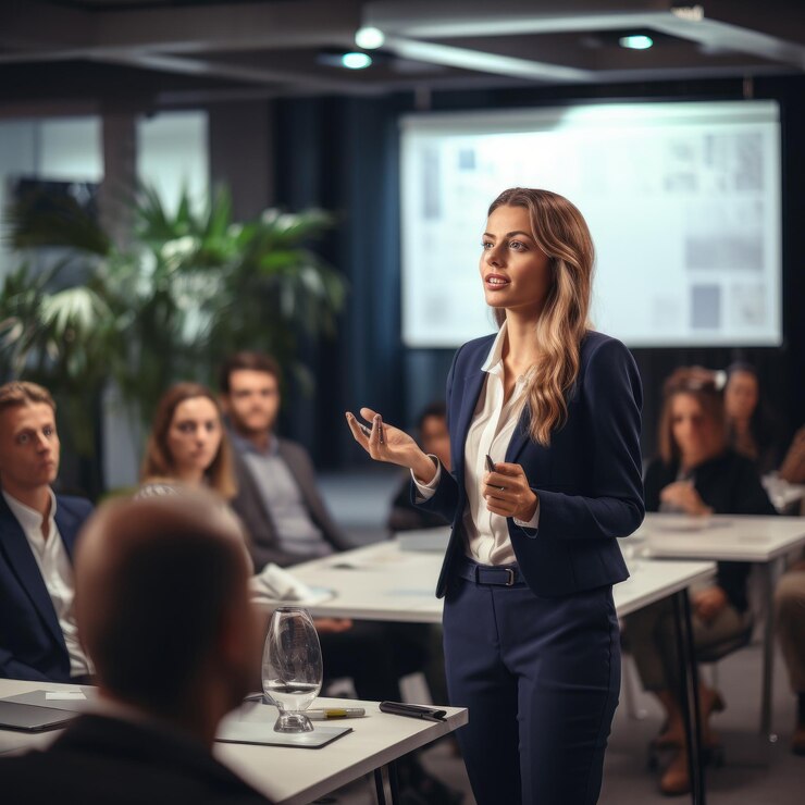 Photo femme donnant un discours dans un bureau avec un bon éclairage en haute définition et la netteté