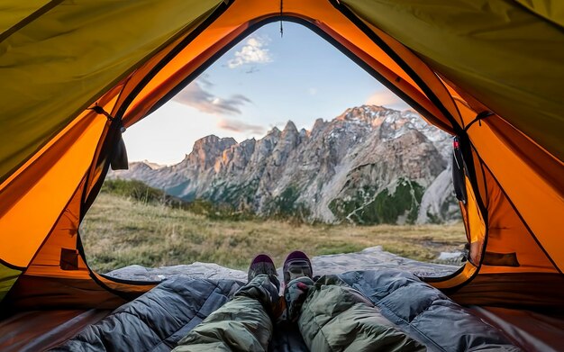 Une femme dormant dans une tente avec vue sur la montagne