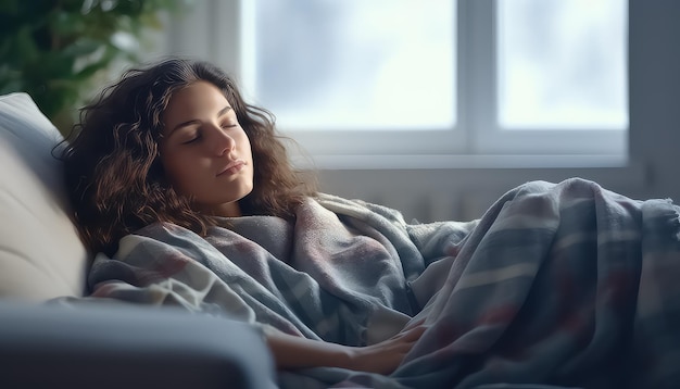 Femme dormant en hiver dans son lit douillet