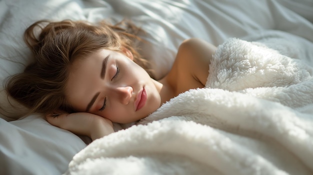 une femme dort sur une couverture blanche