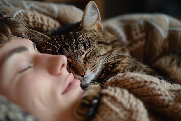une femme dort avec sa tête sur un chat brun