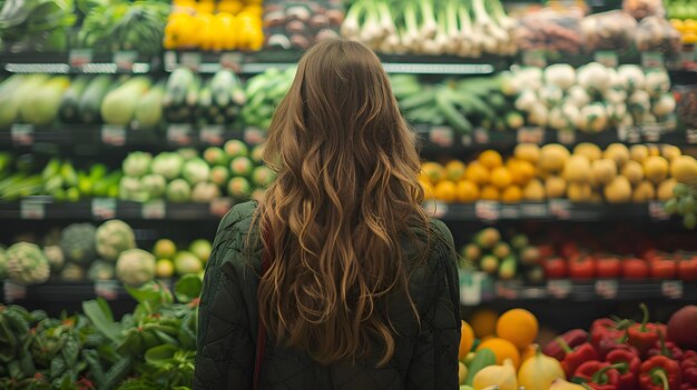 Une femme avec le dos tourné regardant la section des légumes du supermarché Concept de nourriture saine