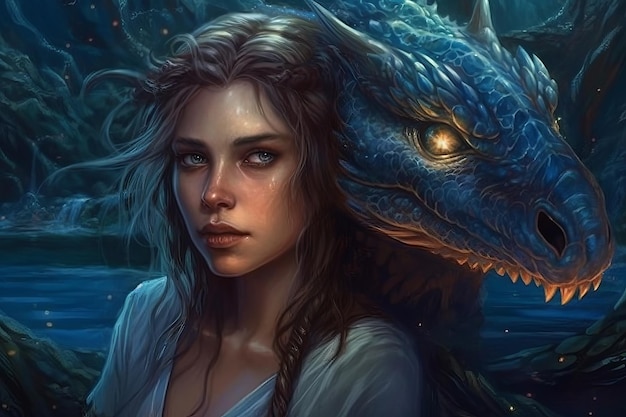 Une femme avec un dragon bleu sur la tête