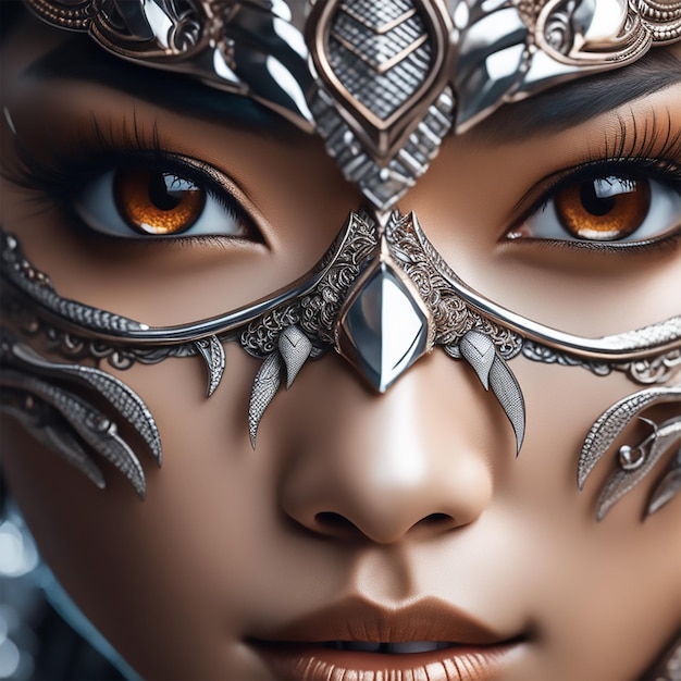 femme dragon peau brune yeux asiatiques écailles argentées détail élevé