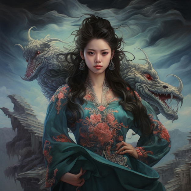 Une femme avec un dragon sur son épaule se tient devant un dragon.