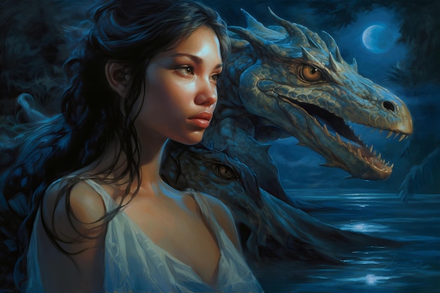 Une femme avec un dragon sur la tête se tient devant une lune bleue.