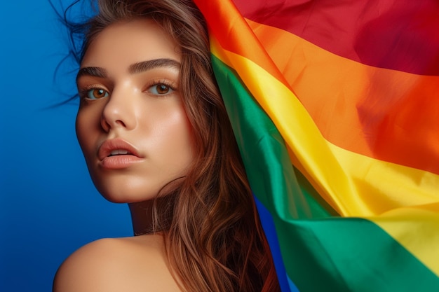 Une femme avec un drapeau arc-en-ciel sur la tête