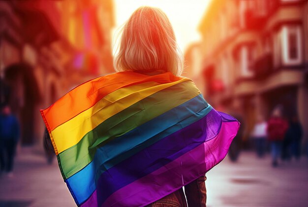 une femme avec un drapeau couleur arc-en-ciel sur le dos
