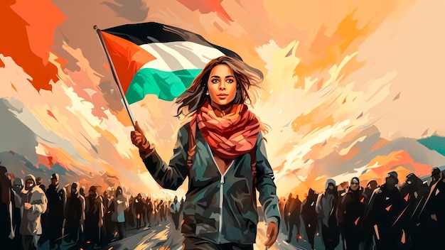 Une femme avec un drapeau de la Palestine protestant pour une Palestine libre