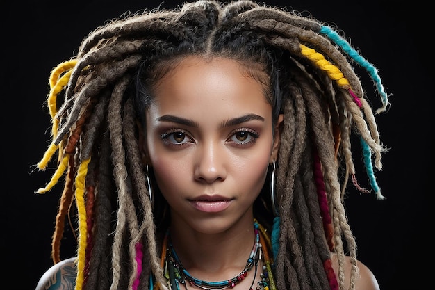 Une femme avec des dreadlocks et des dreadlock est montrée devant un fond noir