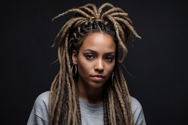 Une femme avec des dreadlocks et des dreadlock est montrée devant un fond noir