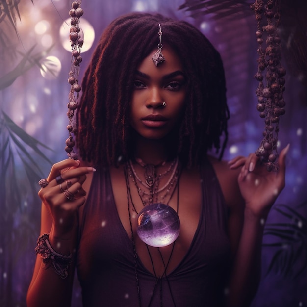 Une femme avec des dreadlocks et un pendentif lune sur la tête