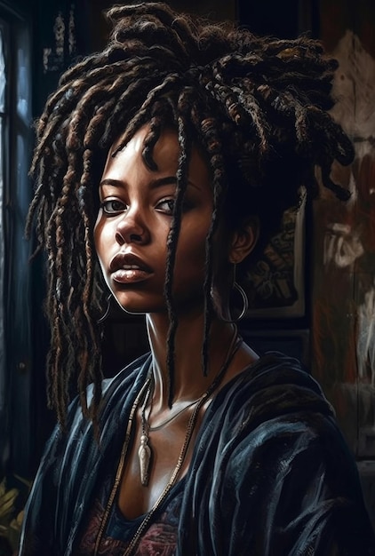 Une femme avec des dreadlocks et une robe bleue se tient devant une fenêtre.