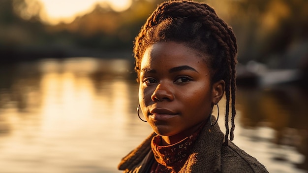 Une femme avec des dreadlocks se tient devant un lac le soir.