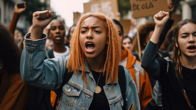 Une femme avec des dreadlocks et un signe qui dit soyez heureux.