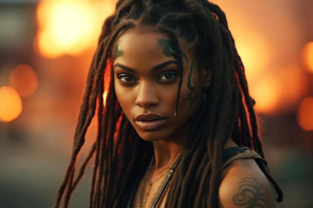 une femme avec des dreadlocks a un tatouage sur son bras gauche.