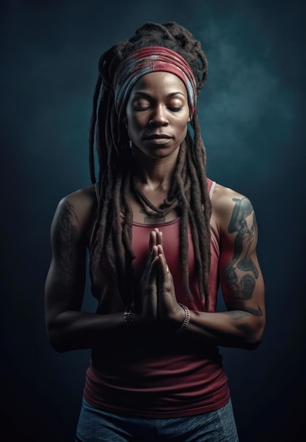 Une femme avec des dreadlocks et des tatouages médite dans une pièce sombre.