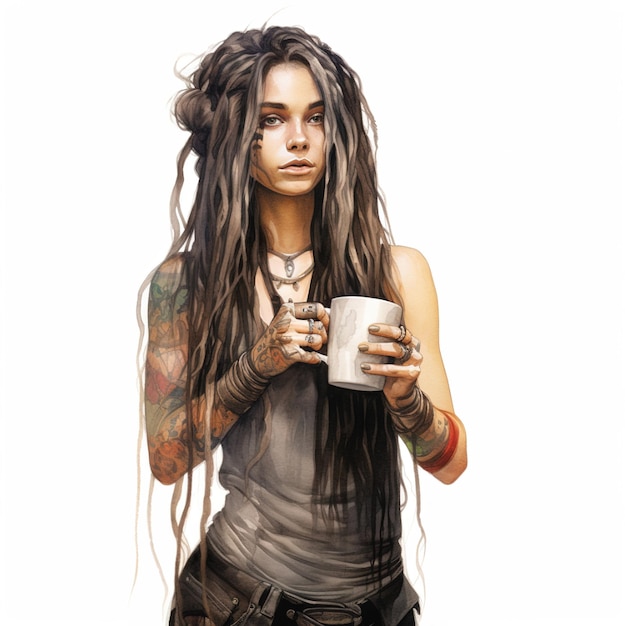 une femme avec des dreadlocks tient une tasse de café.