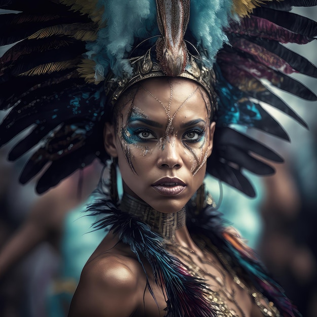 Femme du carnaval de Rio avec une coiffe à plumes et une plume bleue