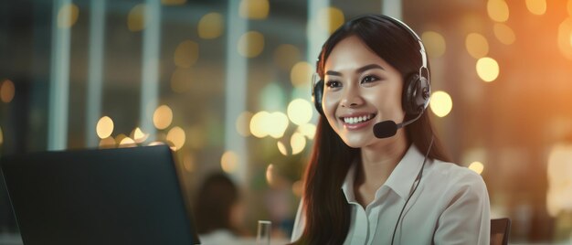 une femme du centre d'appels portant un casque sourit en travaillant et en fournissant un service avec courtoisie et attention devant l'ordinateur portable IA générative