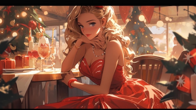 femme avec du champagne près du sapin de Noël célèbre