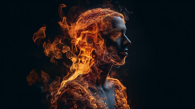 Une femme avec du feu sur le visage