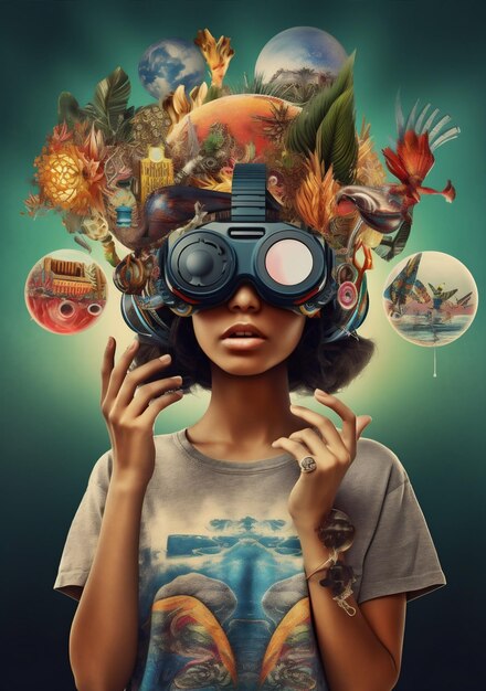 La femme du futur, les lunettes de technologie, le voyage, la réalité numérique, le virtuel, la fille abstraite, l'intelligence artificielle générative.