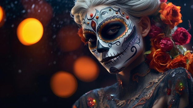 Femme avec du maquillage bleu et noir et des fleurs dans les cheveux Halloween