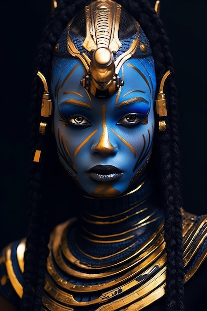 Une femme avec du maquillage bleu et un visage peint en or