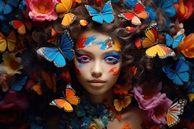 une femme avec du maquillage coloré et des papillons dans les cheveux