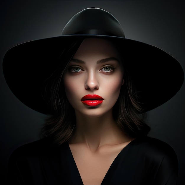 Femme avec du maquillage et du rouge à lèvres portant un portrait de mode chapeau noir