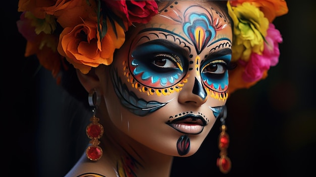 Femme avec du maquillage et des fleurs dans les cheveux Chico De Mayo