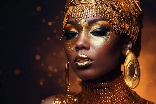 Une femme avec du maquillage en or et des bijoux en or