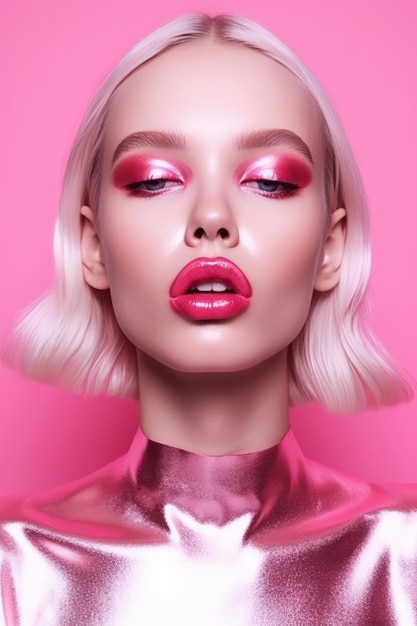 Une femme avec du maquillage rose et un fond rose