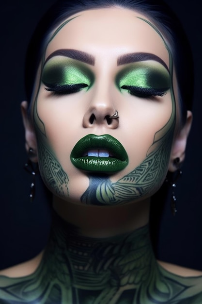 Une femme avec du maquillage vert et des piercings sur le visage.