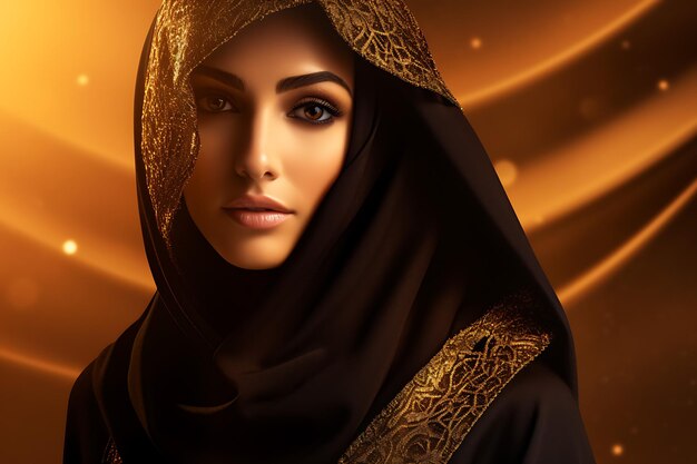 Une femme du Moyen-Orient dans une abaya luxueuse sur un fond doré étincelant