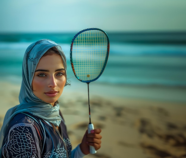 Photo une femme du moyen-orient avec un foulard tenant une raquette de badminton sur la plage