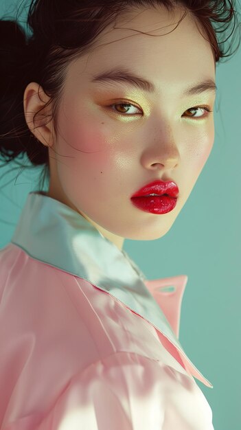 Une femme avec du rouge à lèvres et une chemise rose