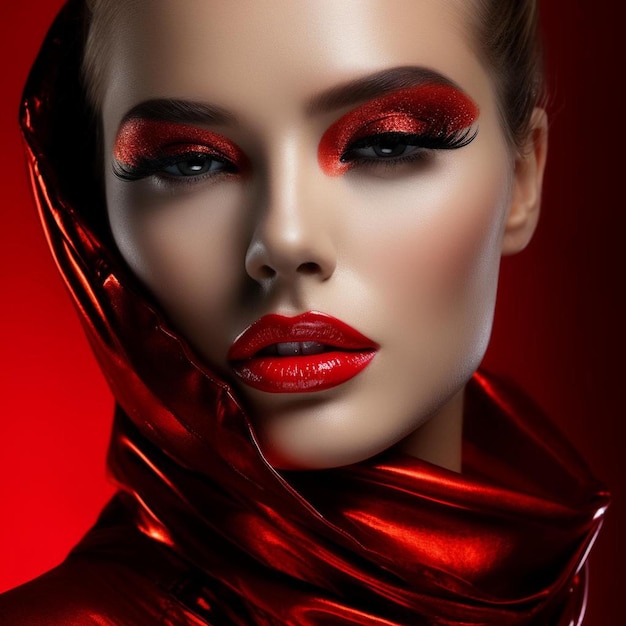 une femme avec du rouge à lèvres et un masque rouge sur le visage.