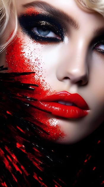 Photo une femme avec du rouge à lèvres rouge et des plumes noires sur son visage