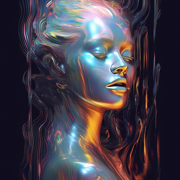 Une femme d'eau holographique émettant une lumière et des couleurs génératives d'IA