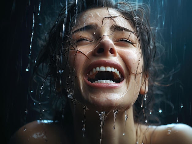 une femme avec de l'eau qui coule de son visage