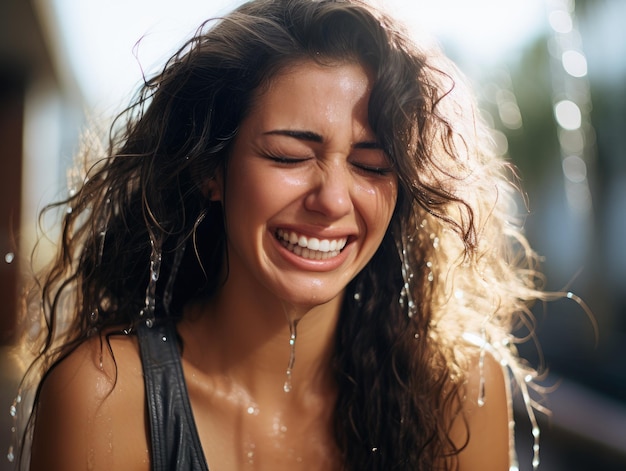 une femme avec de l'eau qui coule de son visage