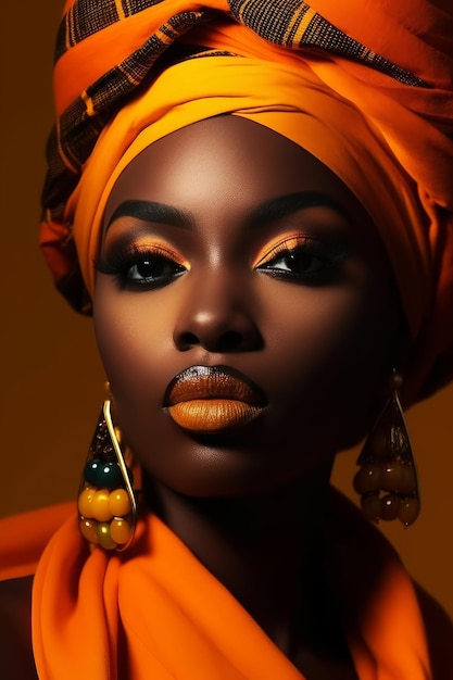 Une femme avec une écharpe et des boucles d'oreilles orange vif